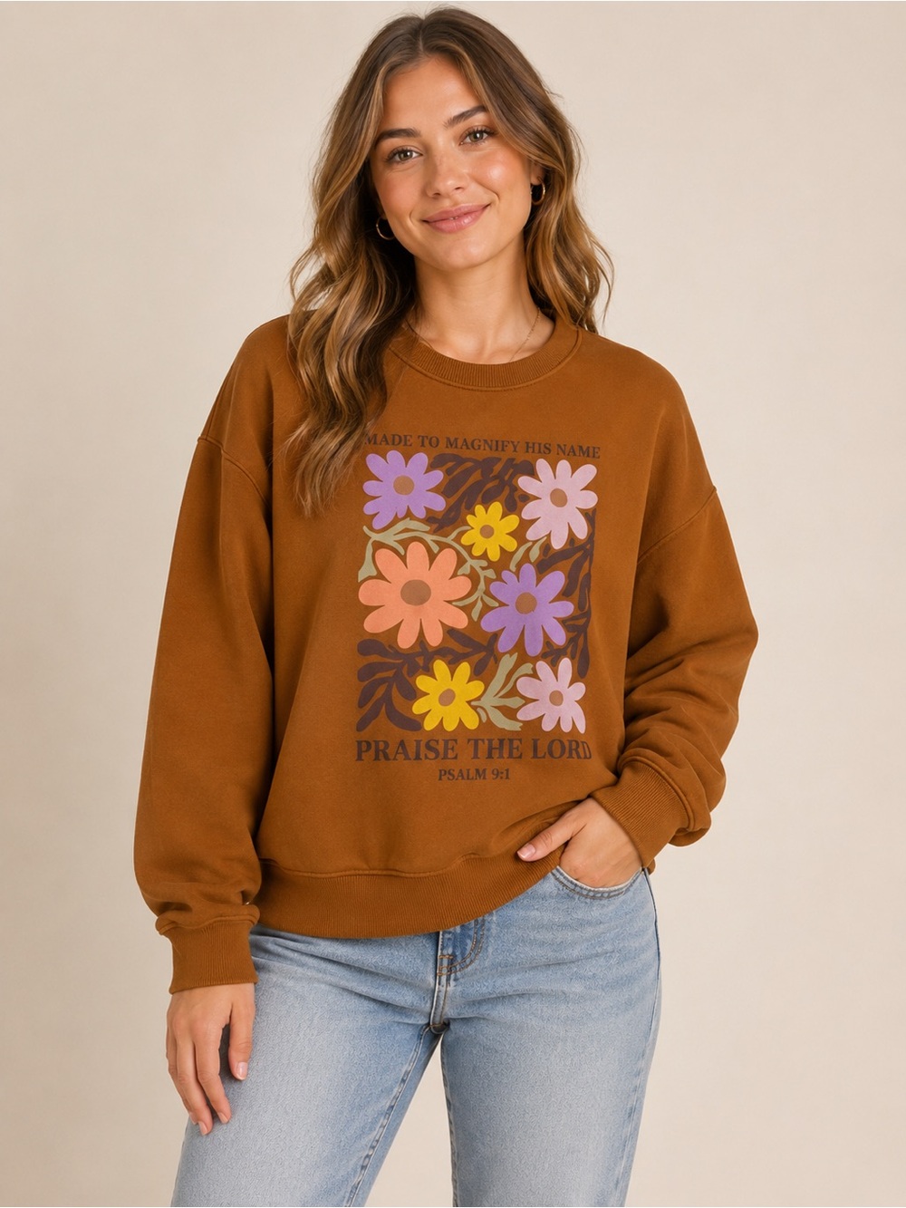 Blessed Girl Floral Faith Graphic Sweatshirt Praise The Lord Psalm 9:1  Small
